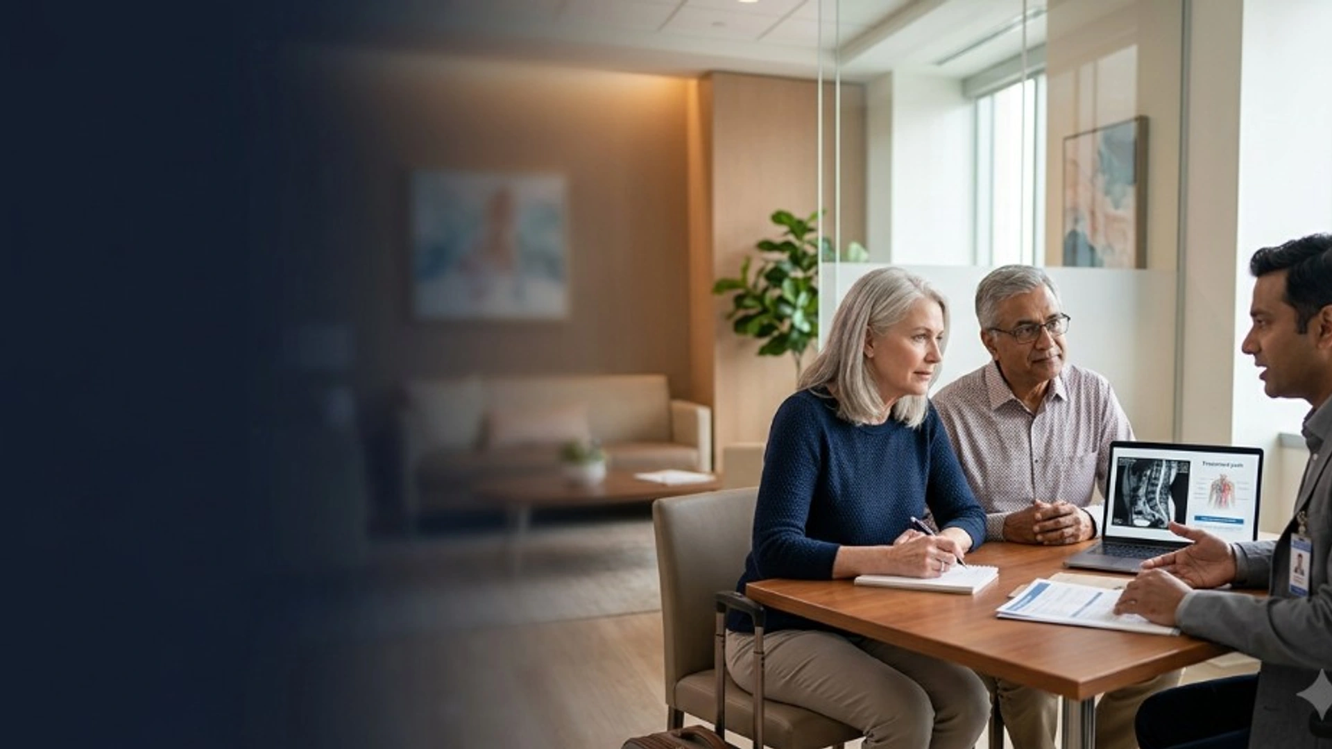 Doctor and mature couple discussing orthopedic treatment options during a calm consultation