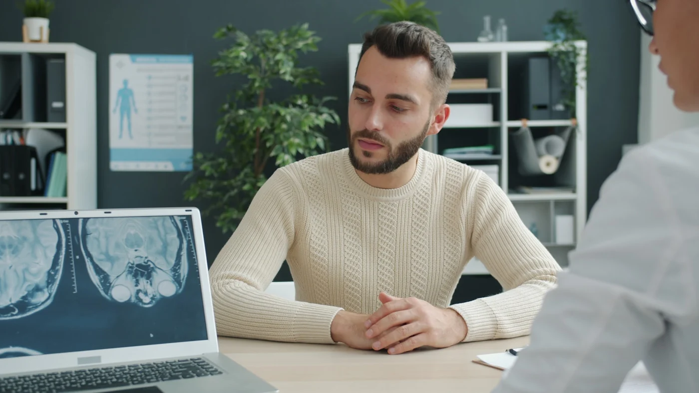 Patient discussing back pain with a doctor while reviewing spine MRI results on a laptop during a calm spine review consultation — no surgery shown